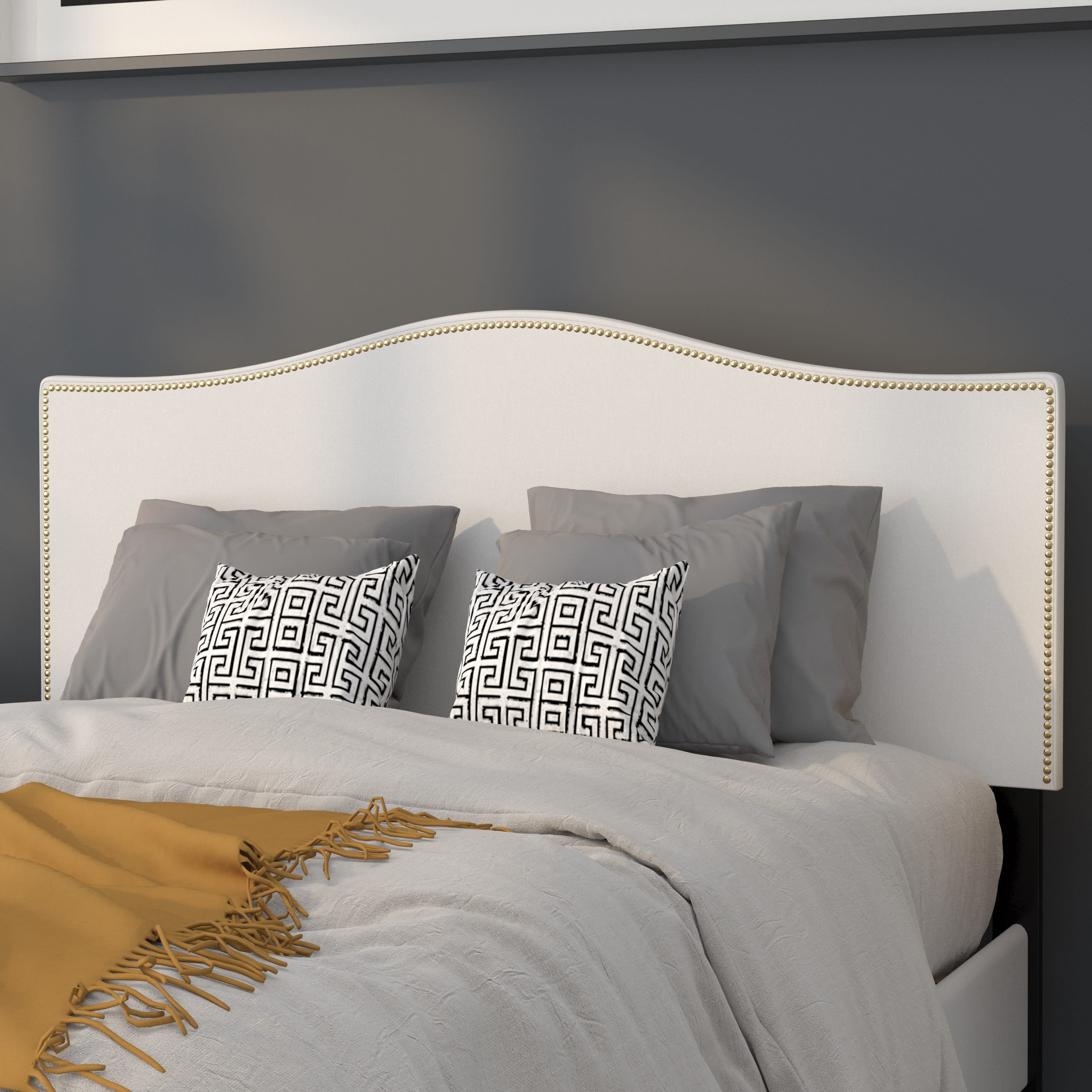 BizChair Upholstered Full Size Arched Headboard with Accent Nail Trim in White Fabric