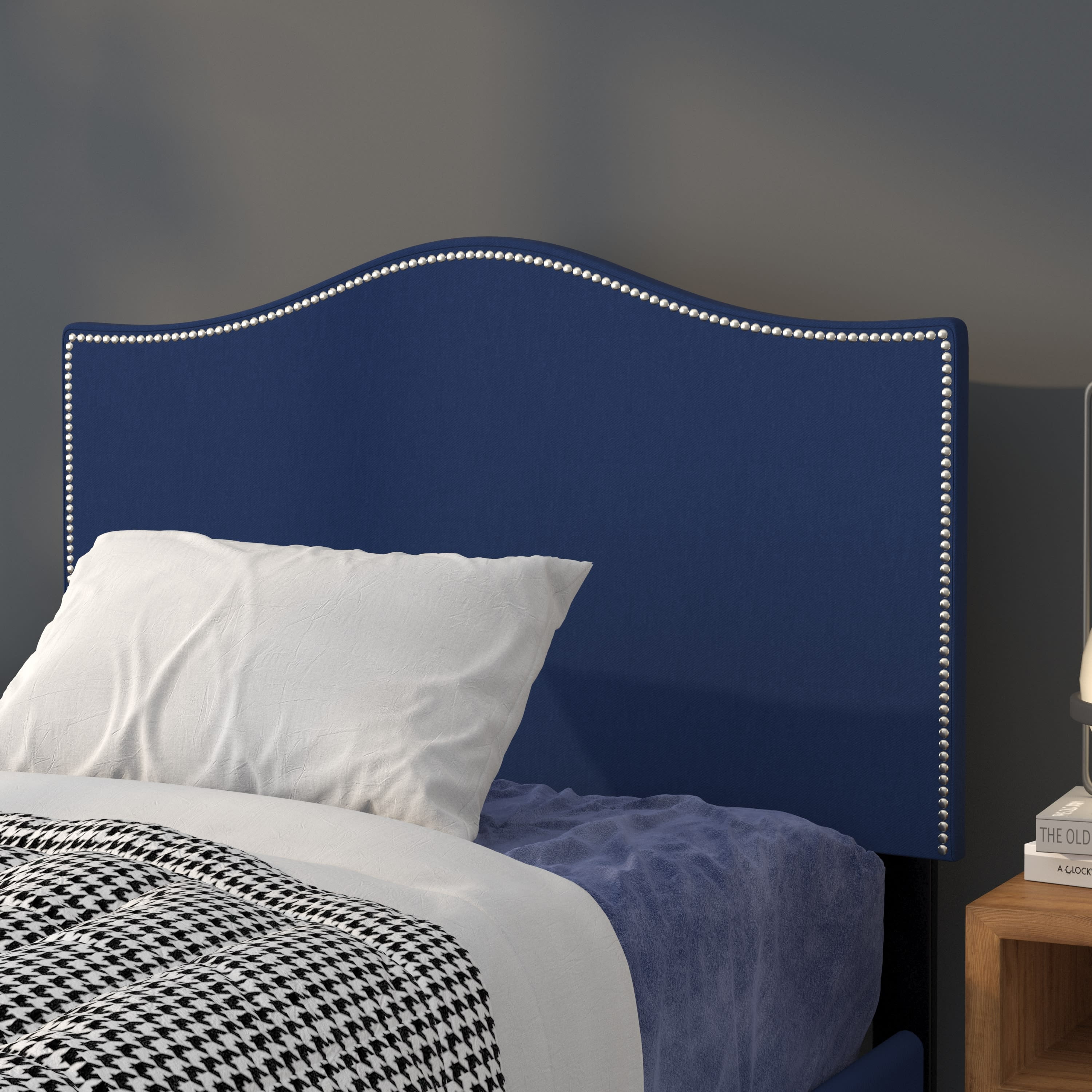 BizChair Upholstered Twin Size Arched Headboard with Accent Nail Trim in Navy Fabric