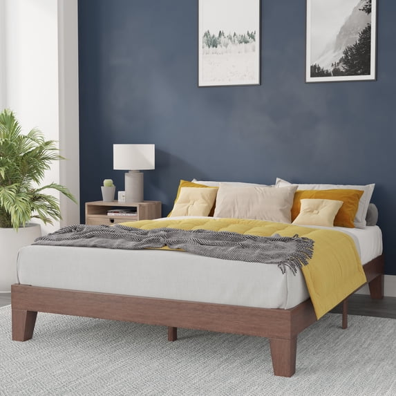 BizChair Walnut Finish Wood Queen Platform Bed with Wooden Support Slats, No Box Spring Required