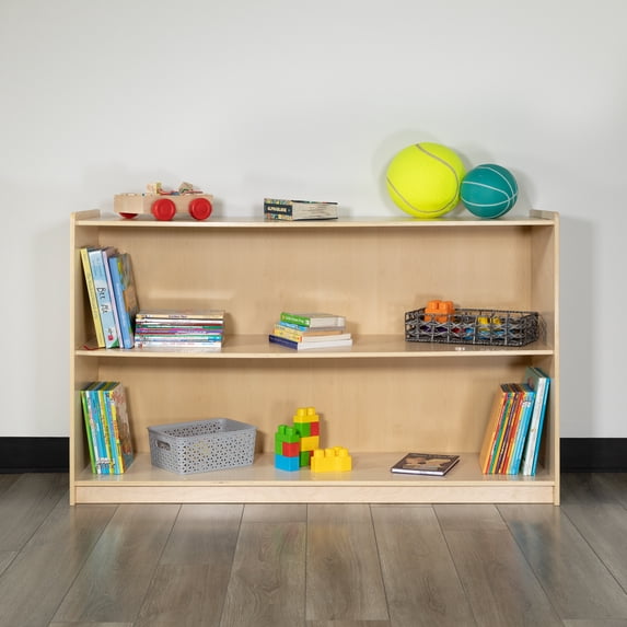BizChair Wooden 2 Section School Classroom Storage Cabinet for Commercial or Home Use - Safe, Kid Friendly Design - 30"H x 48"L (Natural)