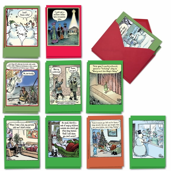 NobleWorks 20 Assorted Set Funny Christmas Greeting Cards w/ 5x7 Envelopes, 10x2 Designs, for Men, Women, Bizarro by Piraro Holiday AC5546XSG-B2x10