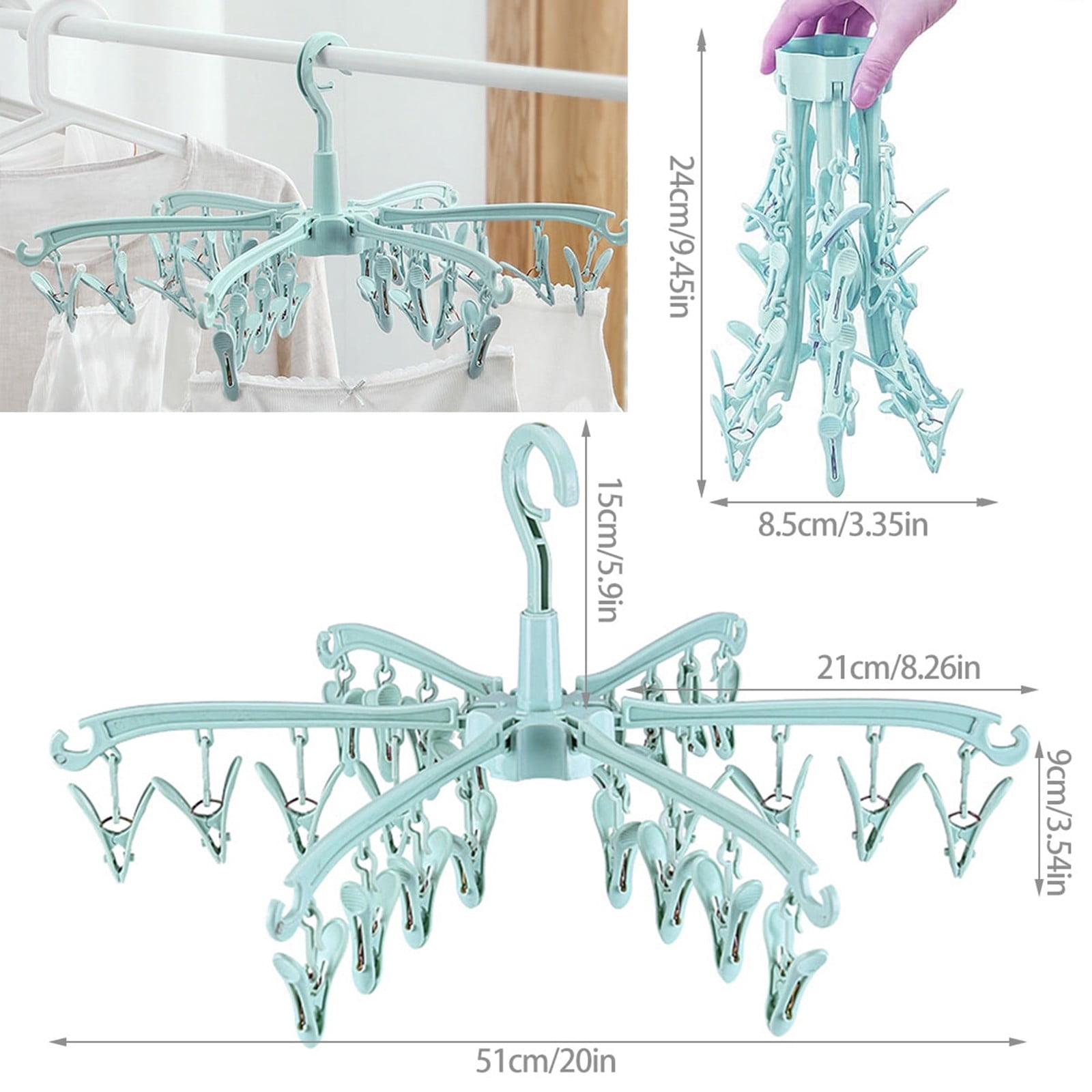 Bizhua 24-Clip Folding Hanger Bluesock Drying Rack 24 Clips Plastic Laundry Clothes Hanger Rotatable Hanger Sock Dryer Foldable Portable Clothes Drying Rack Folding Sock Hanger
