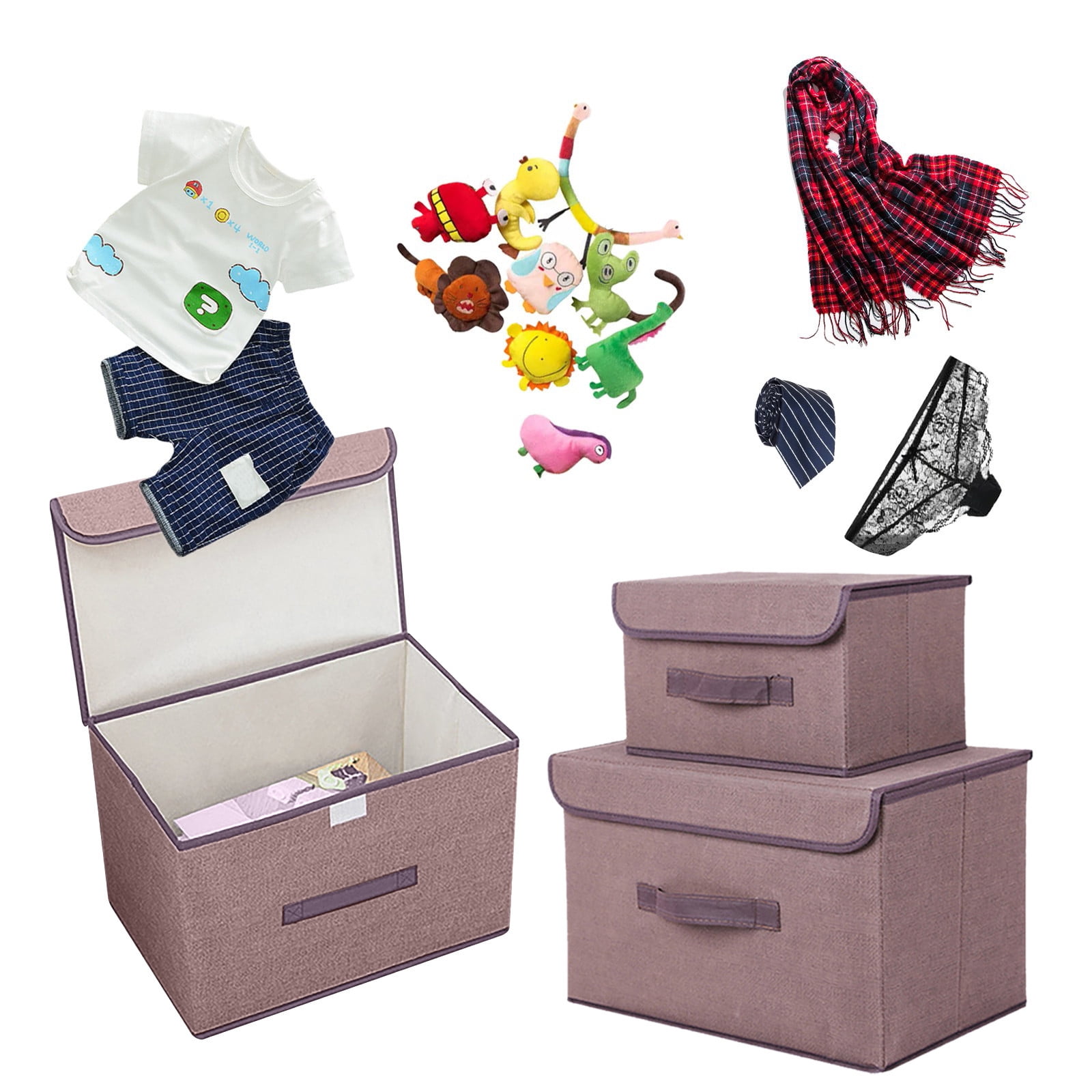 Bizhua Brown: Large + Small - Storage Box Foldable Clothes and Miscellaneous Portable Dust-Proof Storage Box with Lid Folding Storage Box (Large + Small)Storage Box Foldable Clothing Sundries