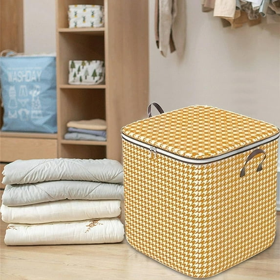 Bizhua Houndstooth Storage Bag Large Capacity Folding Clothes Portable Wardrobe Sorting Clothes Storage Box with Reinforced Handle Zipper, Yellow Storage and Organization Box, 100L