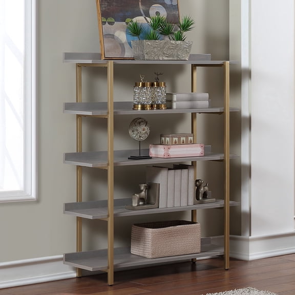 Bizi 5-Shelf Wood Bookshelf, Antique Gray and Gold