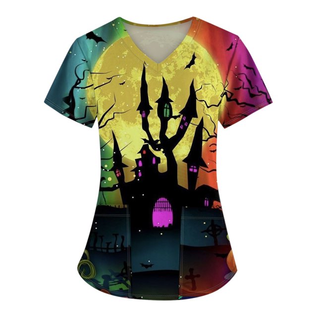 Biziza 2025 Halloween Happy Halloween Scrubs Top for Women Fall Cotton