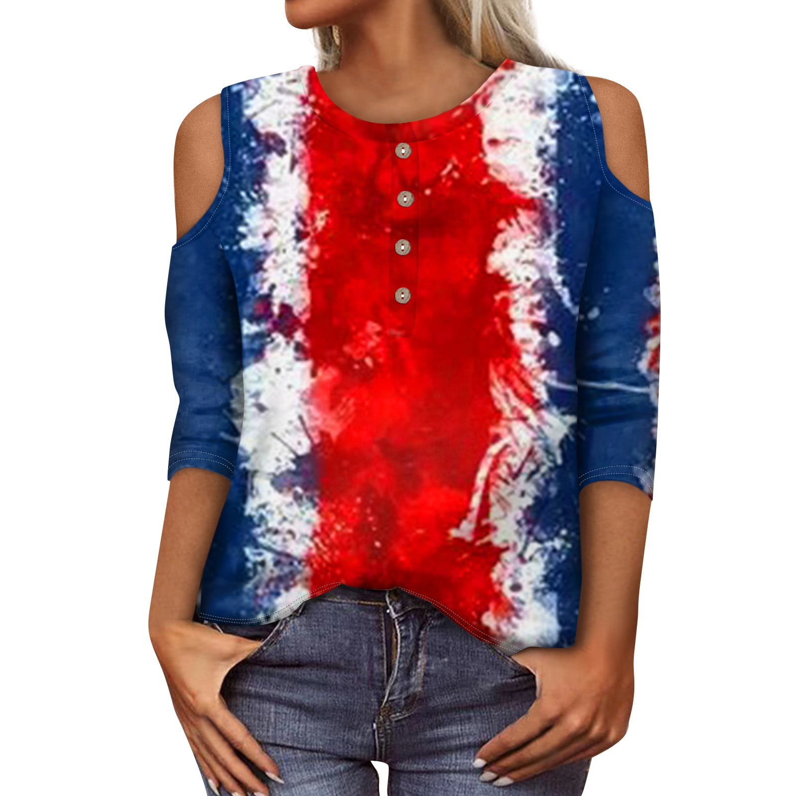 Biziza 4Th of July Shirts for Women Round Neck 3/4 Sleeve summer top