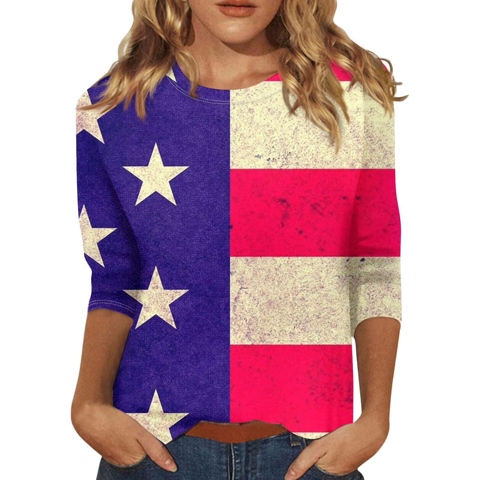 Biziza 4Th of July Shirts for Women Round Neck 3/4 Sleeve summer top
