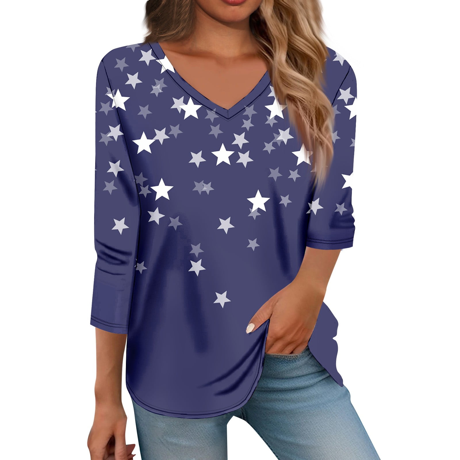 Biziza 4Th of July Shirts for Women Round Neck 3/4 Sleeve summer top ...