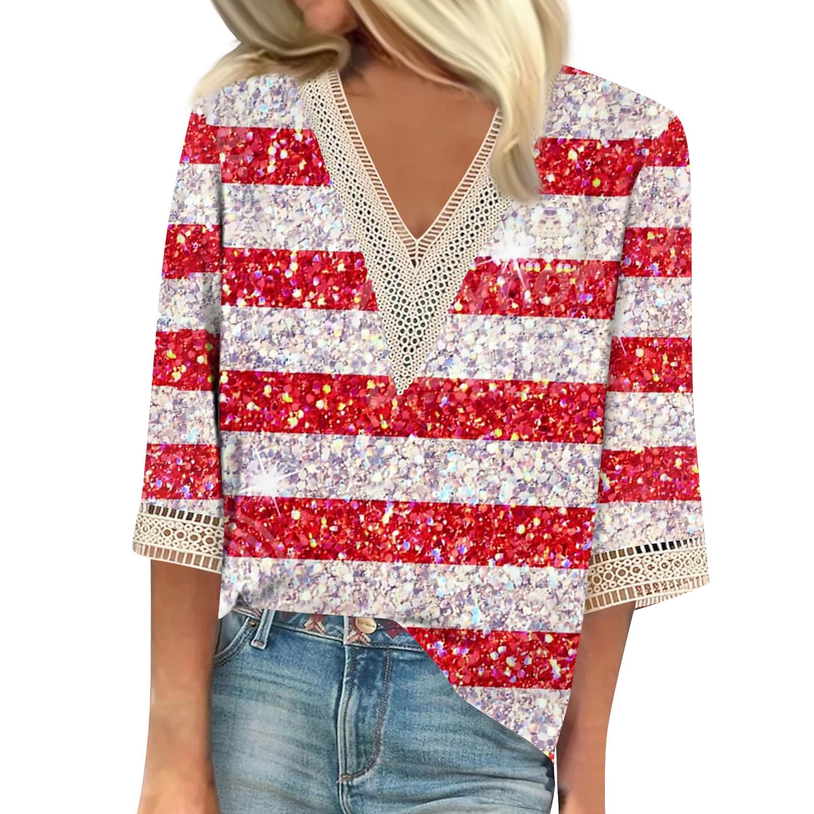 Biziza 4Th of July Shirts for Women Round Neck 3/4 Sleeve summer tops