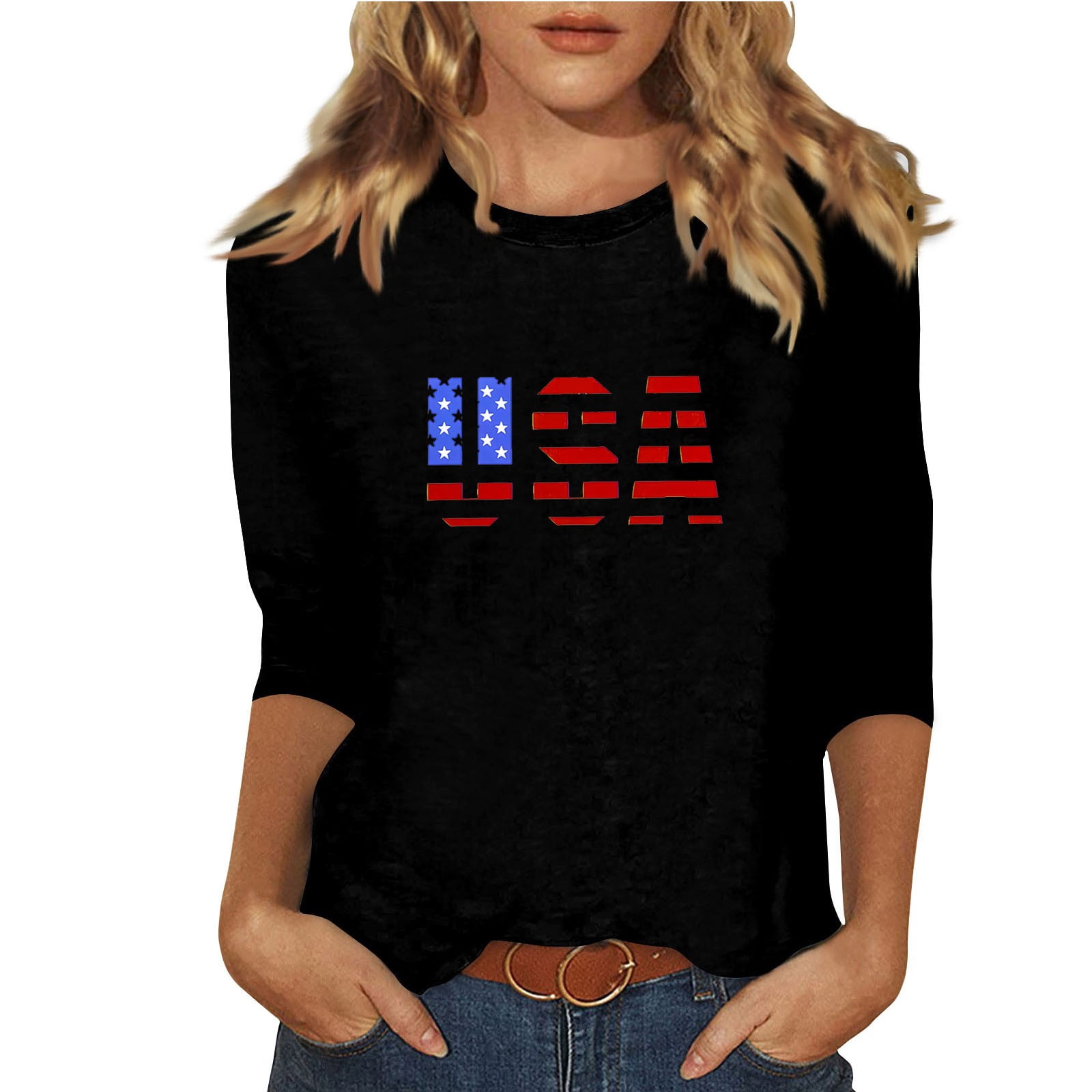 Elvqul Womens American Flag T Shirts 4th Of July Independence Tops Round Neck Patriotic Star Blouses For Ladies