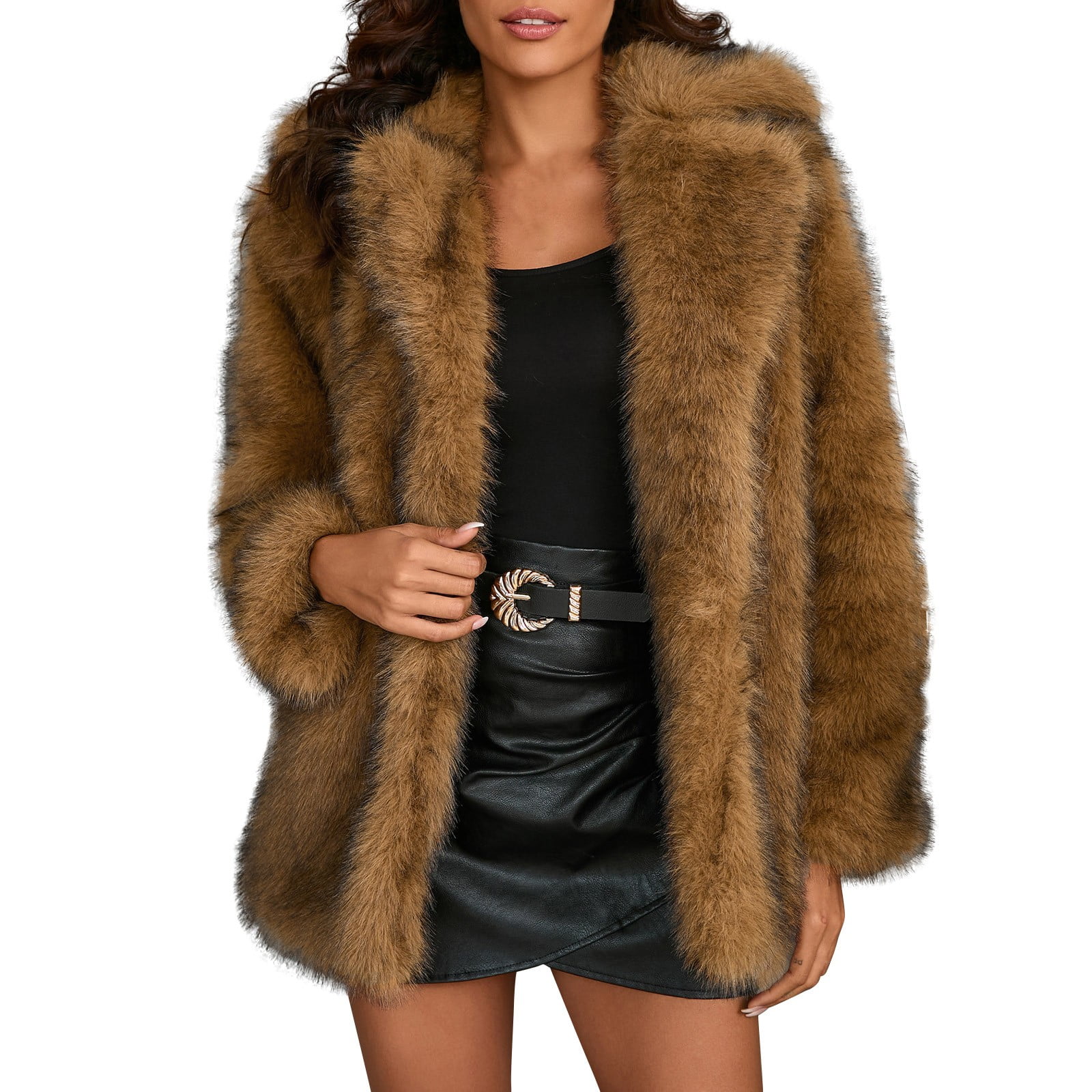 Biziza Brown Oversized Faux Fur Jackets for Women Winter Fuzzy Thermal