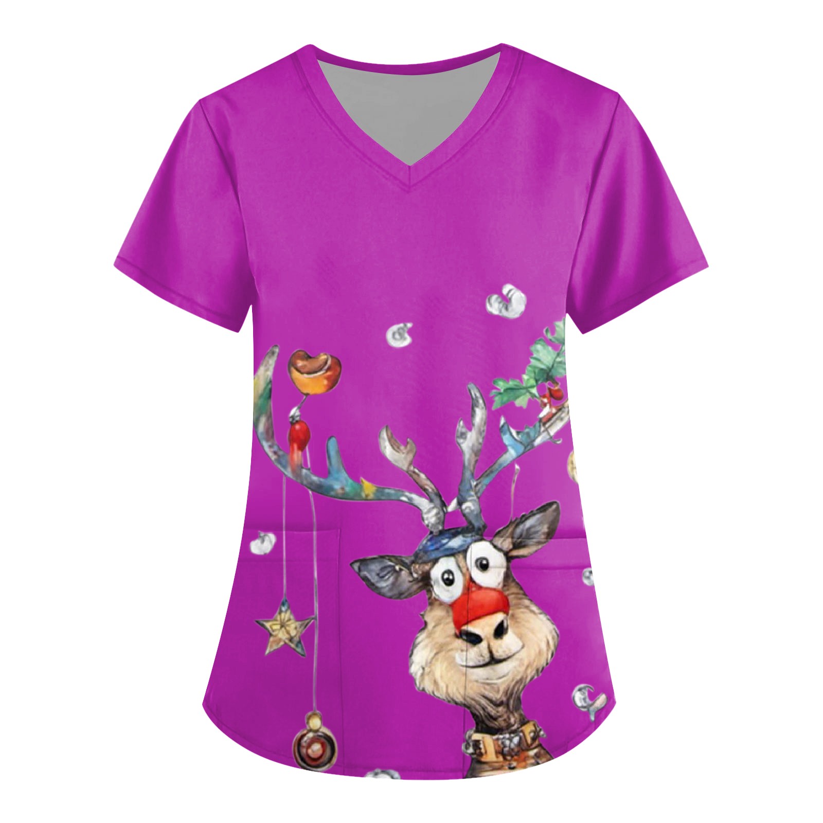 Biziza Christmas Plus Size Scrub Tops for Women Xmas Reindeer V Neck