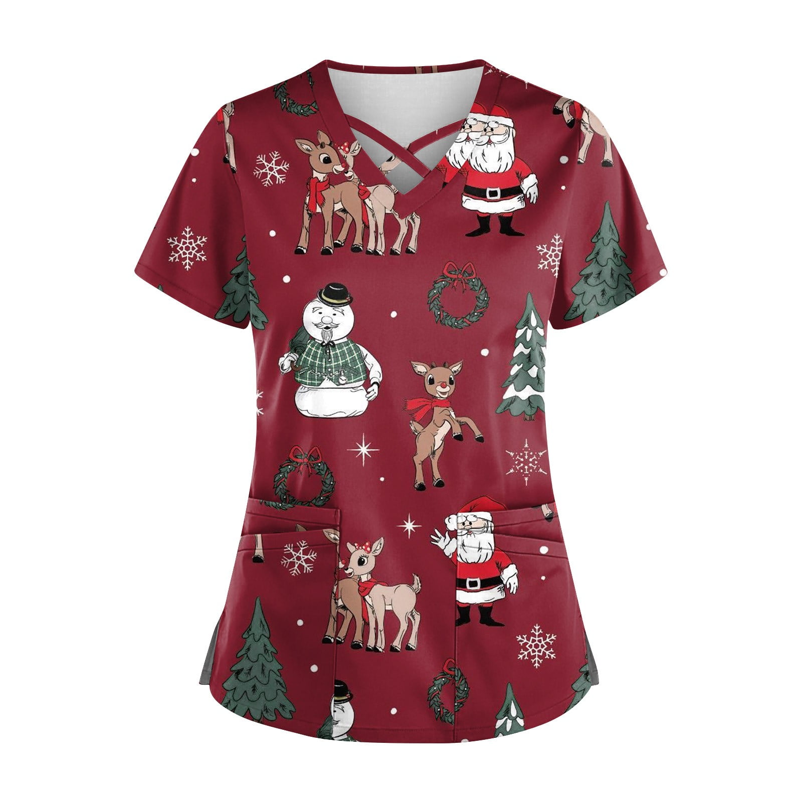 Biziza Christmas Red Gift Boxes Scrub Tops for Women 2025 Nurse Uniform V Neck Short Sleeve