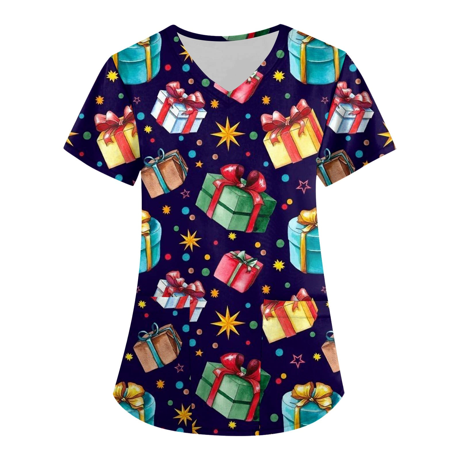 Biziza Christmas Scrub Top Woman Western Short Sleeve Cotton Cute