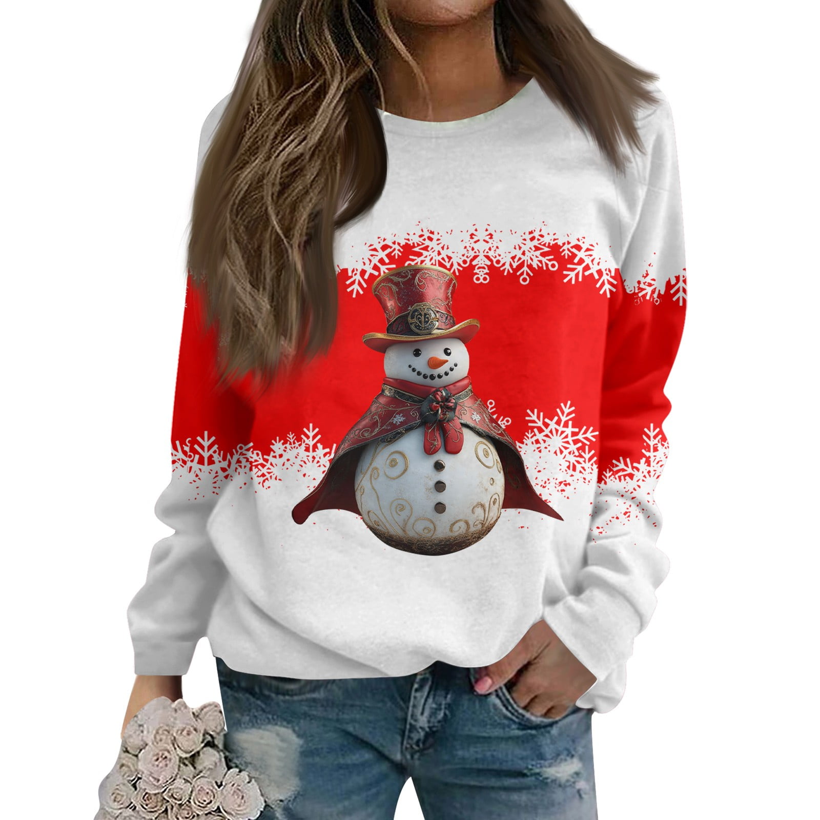 Biziza Christmas Snowman Print 2025 Red Sweatshirts for Women Christmas