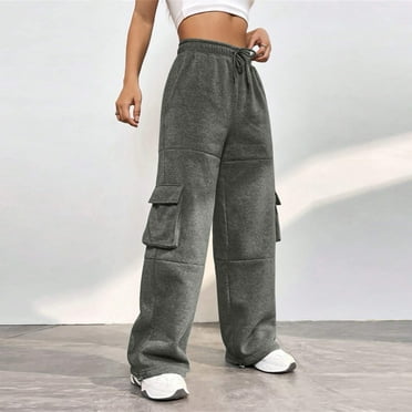 Biziza Dark Gray Sweatpants for Women Solid Color Cargo Cinch Bottom Fleece Drawstring Yoga Pants Women with Pockets
