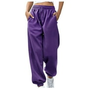 Biziza Dark Purple Sweatpants for Women Solid Color Cargo Cinch Bottom Fleece Drawstring Yoga Pants Women with Pockets