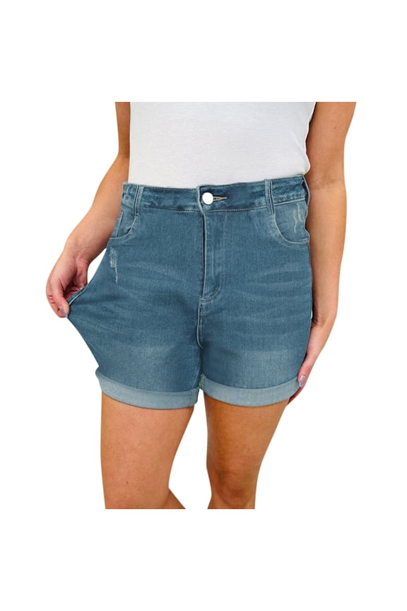Denim Shorts for Women Mid Rise Ripped Elastic Waist Stretch Folded Hem Plus Size Jean Shorts with Pockets S-5XL