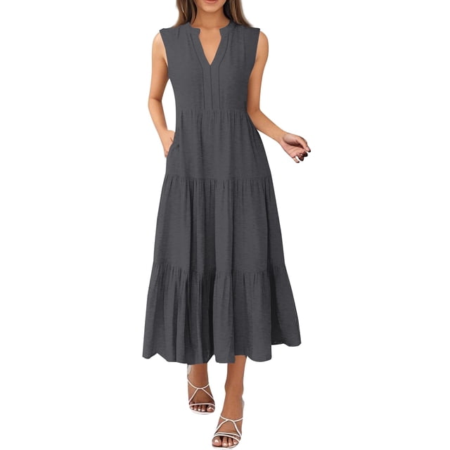 Lisbinx Sun Dresses For Women 2025 Vacation Sleeveless Crew Neck Solid Evening Gown Tank Dresse Summer Fashion Regular Fit Flowy Maxi Dresses Cotton Tren