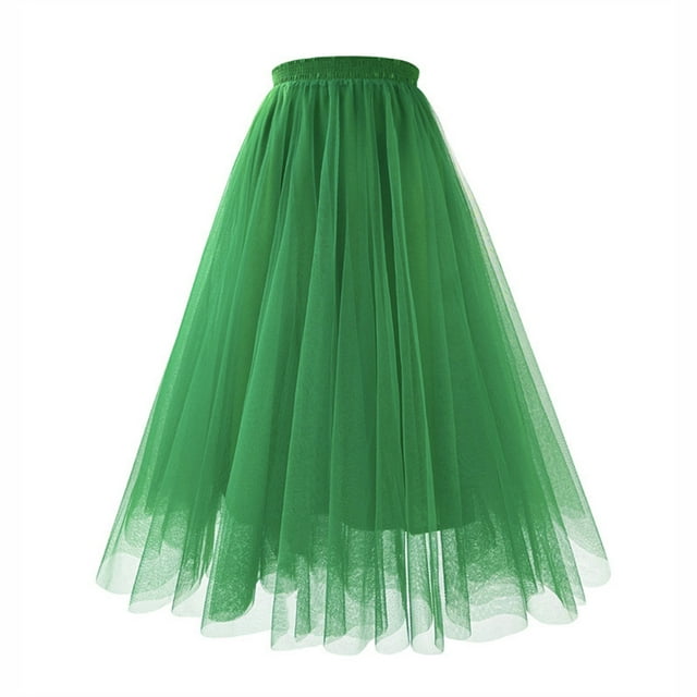 Biziza High Waisted Pleated Skater Skirt for Women Green Trendy Basic Long Pleated Slim Fit 2025 Solid Color Dress Mesh Pleated Soft Flowy Skirt