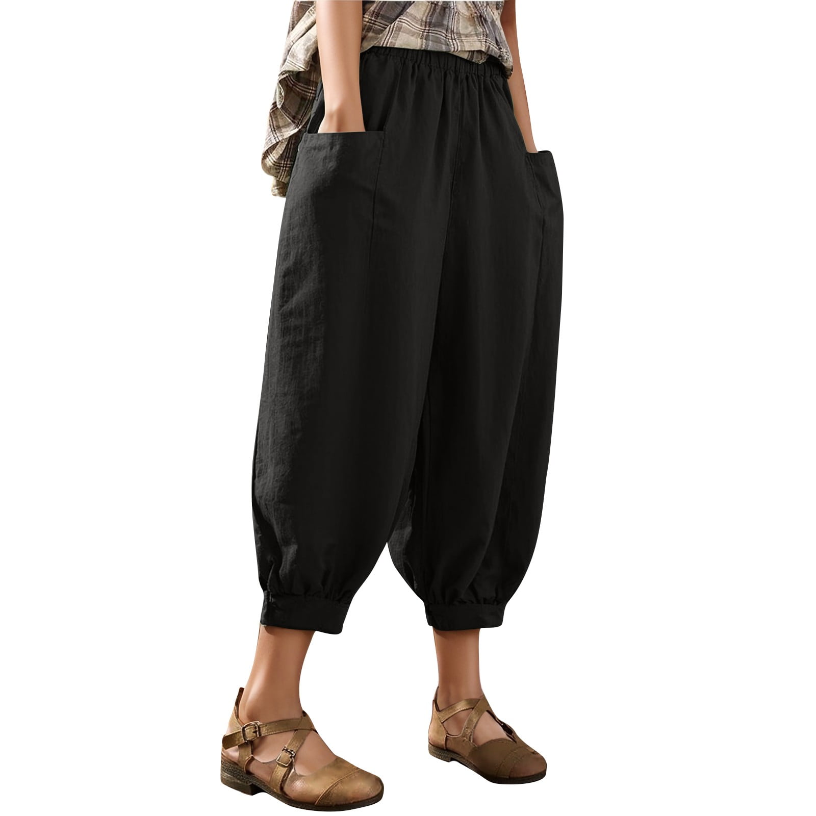 Biziza Linen Capri Pants for Women Cinch Bottom Basic Loose 2025 Cotton ...