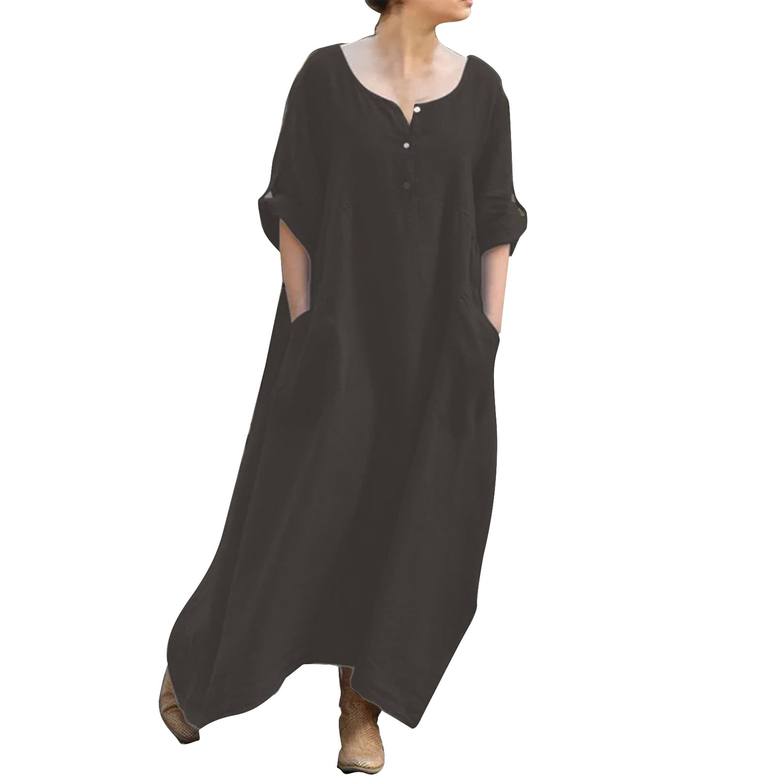 Biziza Linen Dresses for Women Gray Fashion 2025 Trendy Loose Mixi ...