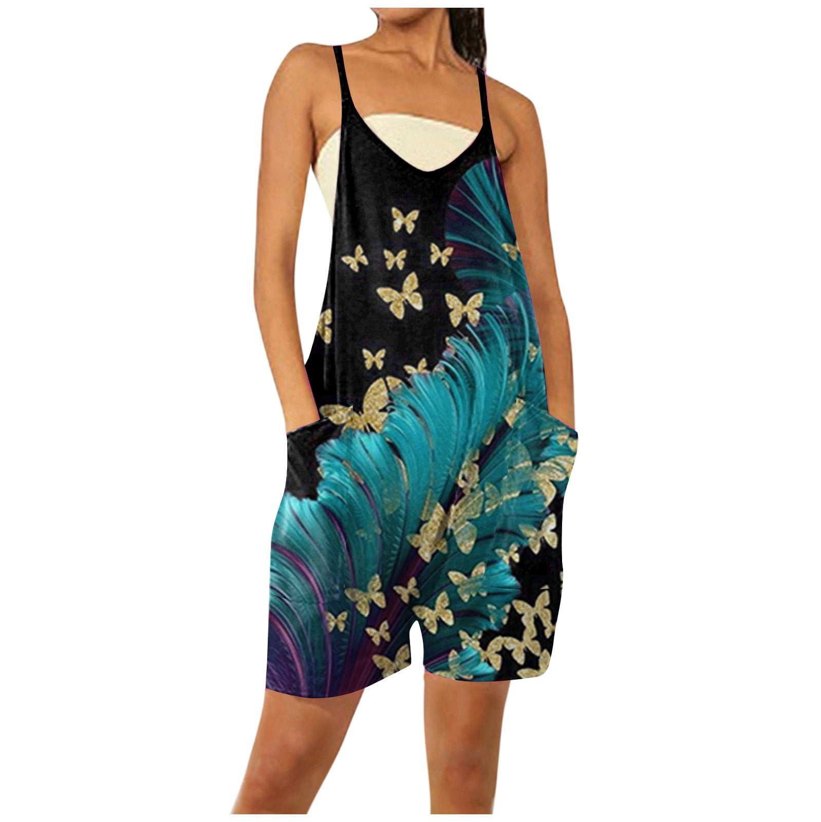 Biziza One Piece Jumpsuit Summer Sleeveles with Pockets Shorts V Neck