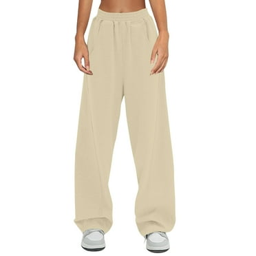 Biziza Pajama Pants High-Waisted Cute Sweatpants Baggy Women Straight Leg Sweatpants Elastic Waist Sweat Pants Drawstring with Pockets Beige 2XL