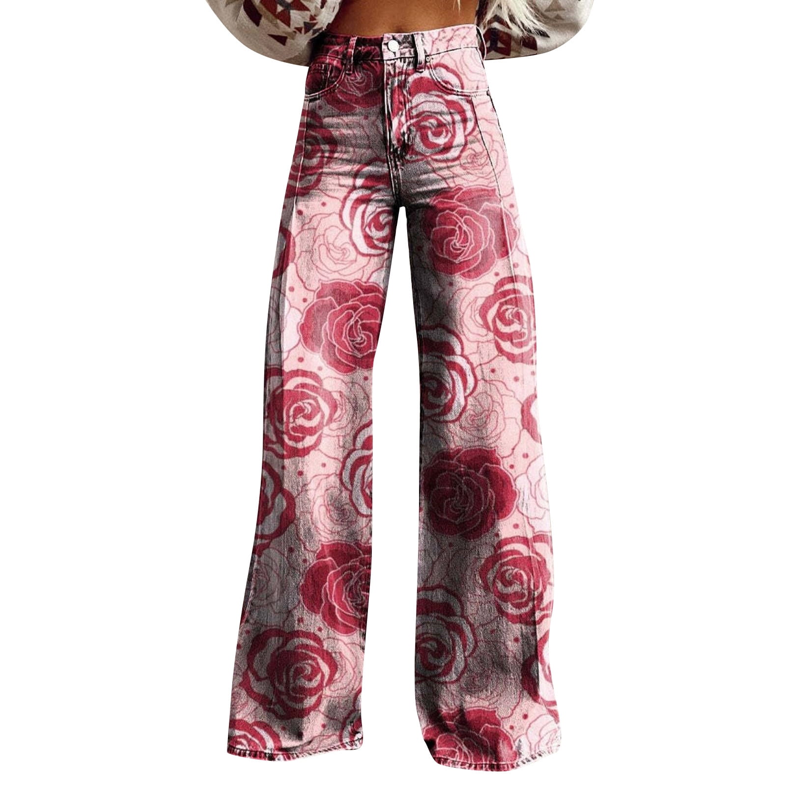 Loveimgs Damen Jeans – Baggy, Barrel-Leg, Mit Flower-Print, Used-Look, Mittlere Taillenhöhe