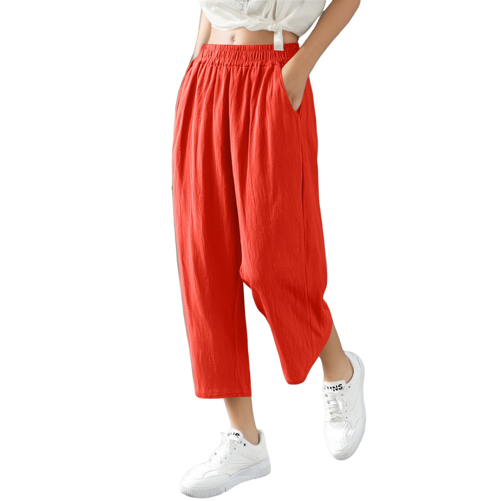 Biziza Red Linen Capri Pants for High Waisted Women 2025 Cropped Trendy — free download