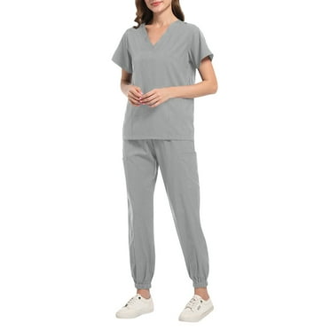 Biziza Scrubs Sets for Women Gray Short Sleeve Quick Dry 2025 Basic Solid Color Nurse Uniform V Neck Jogger Scrubs with Pockets
