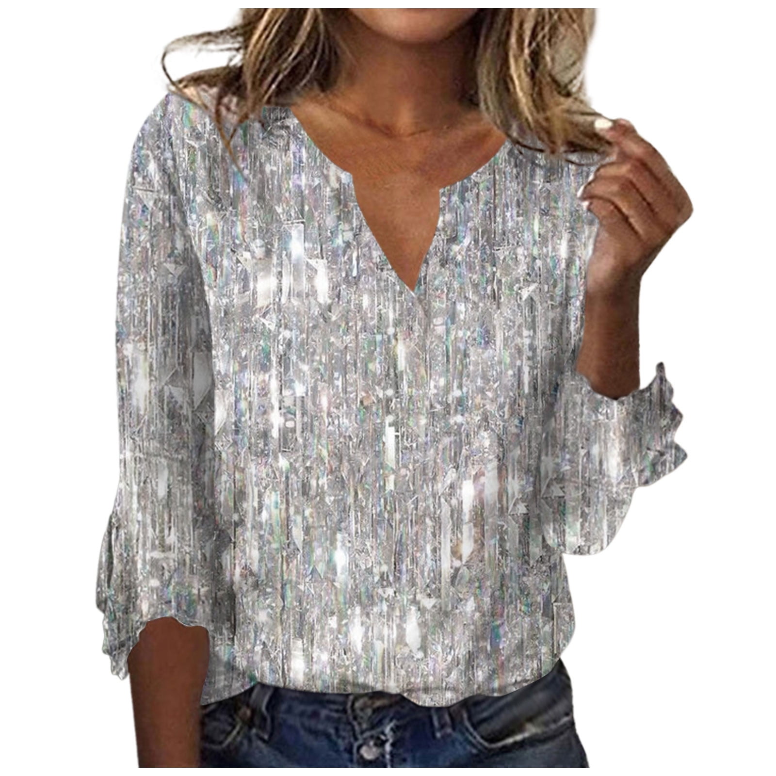 Womens sparkle sequin 34 sleeve top 2024 spring trendy shirts glitter