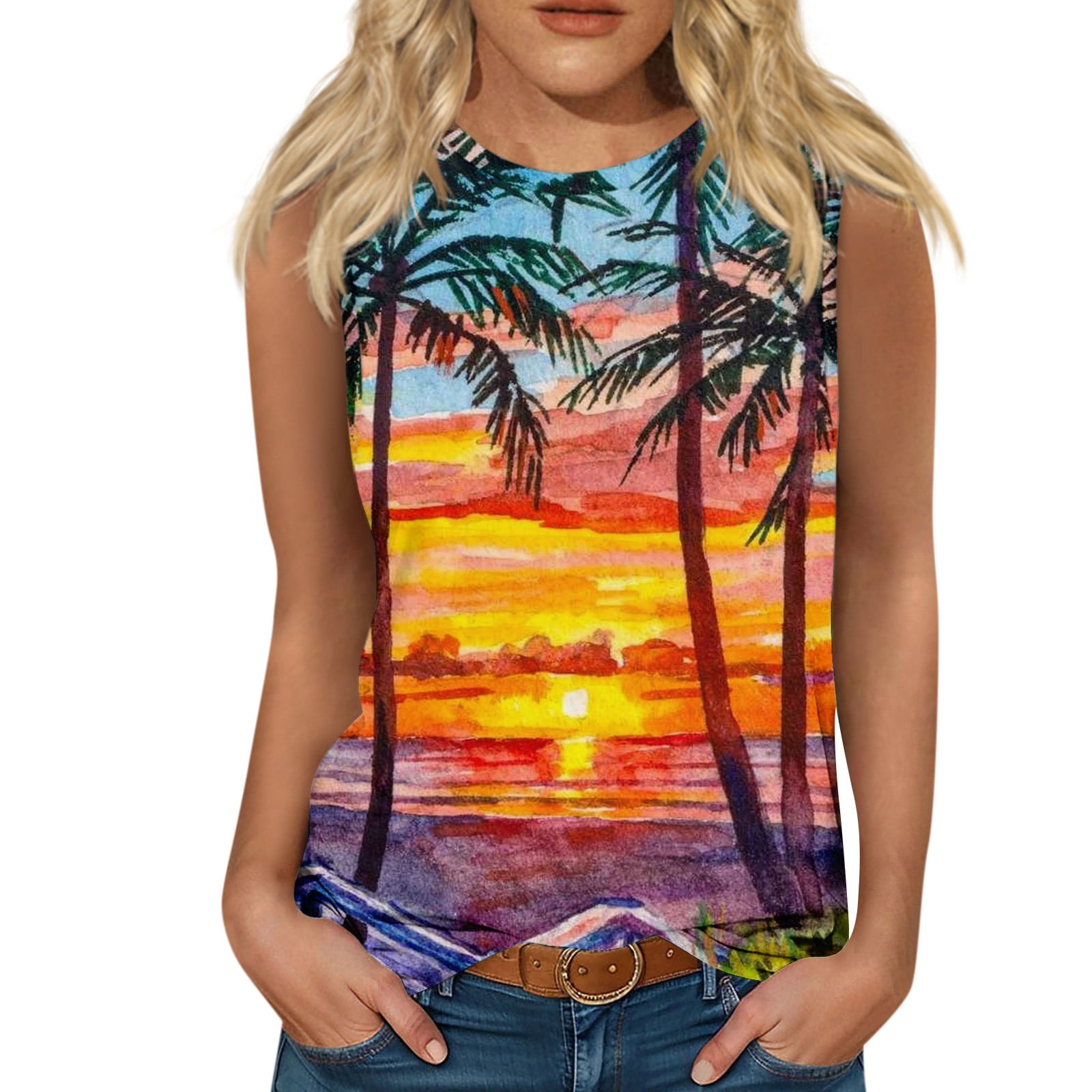 Biziza Tank Tops Women Summer Beach Vacation Tanks Funny Sunset Graphic