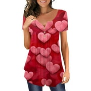 Biziza Valentine's Day Plus Size Tunic Tops for Women Love Heart Graphic Button Up Short Sleeve Shirts Stretch Womens Plus Tops Womens Plus Size Dressy Blouses with Collar Hot Pink 5XL