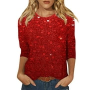 Biziza Valentines Day Shirt for Women Love Heart Graphic 3/4 Sleeve T Shirt Roundneck Plus Size Tops For Women Women Blouses And Shirts Red L