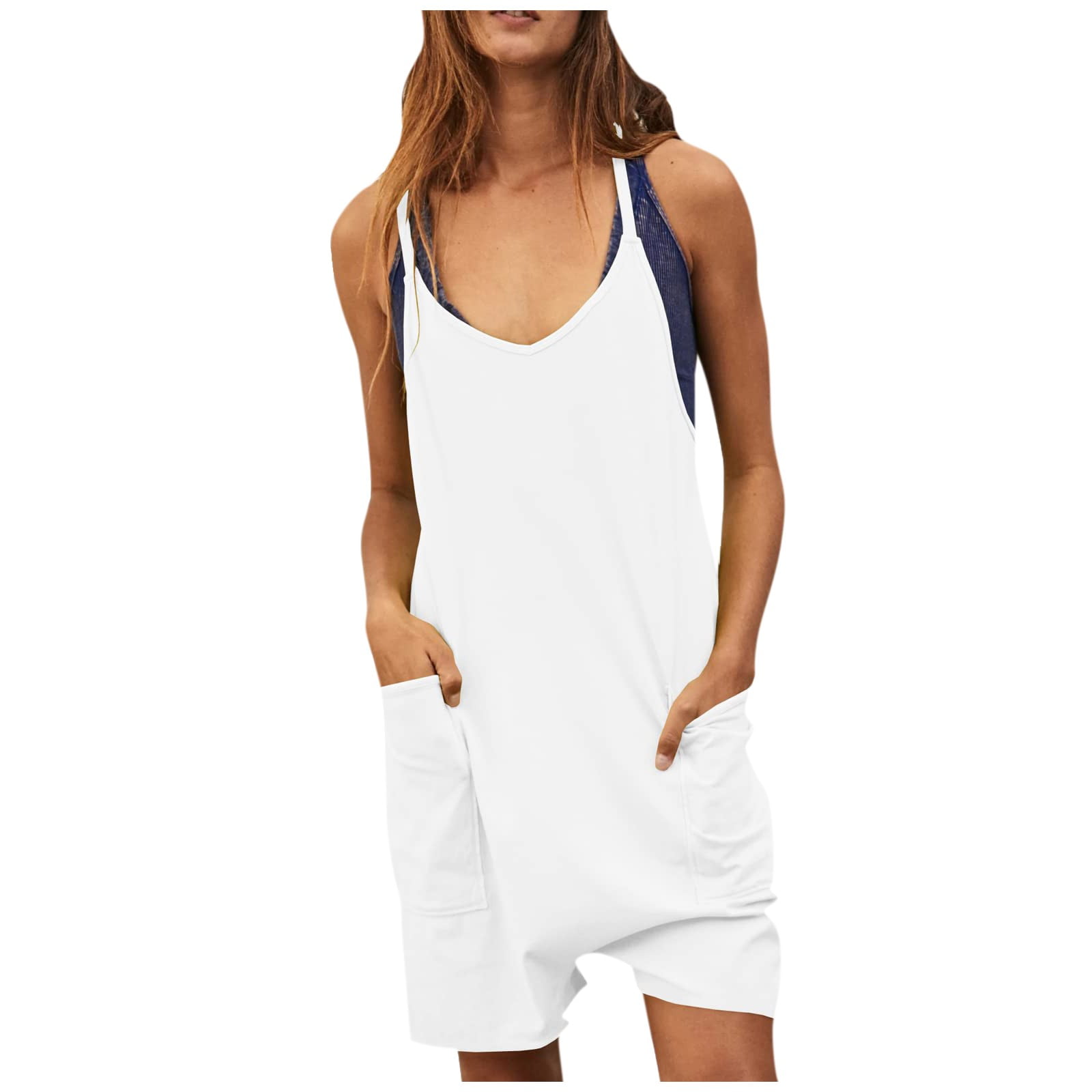 Biziza White Jumpsuit Woman Summer with Pockets Sleeveles Women Romper ...