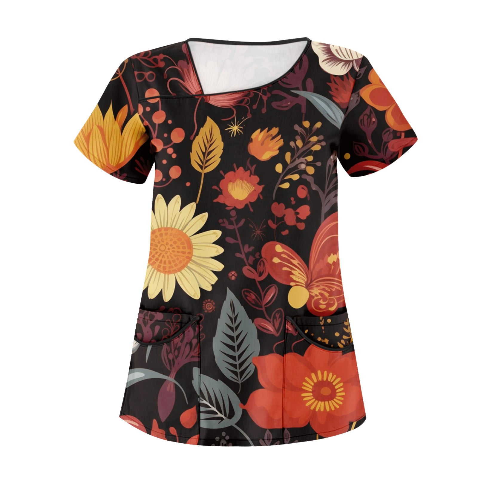 Biziza Women Plus Floral Scrub Tops Uniforms Short Sleevel Basics