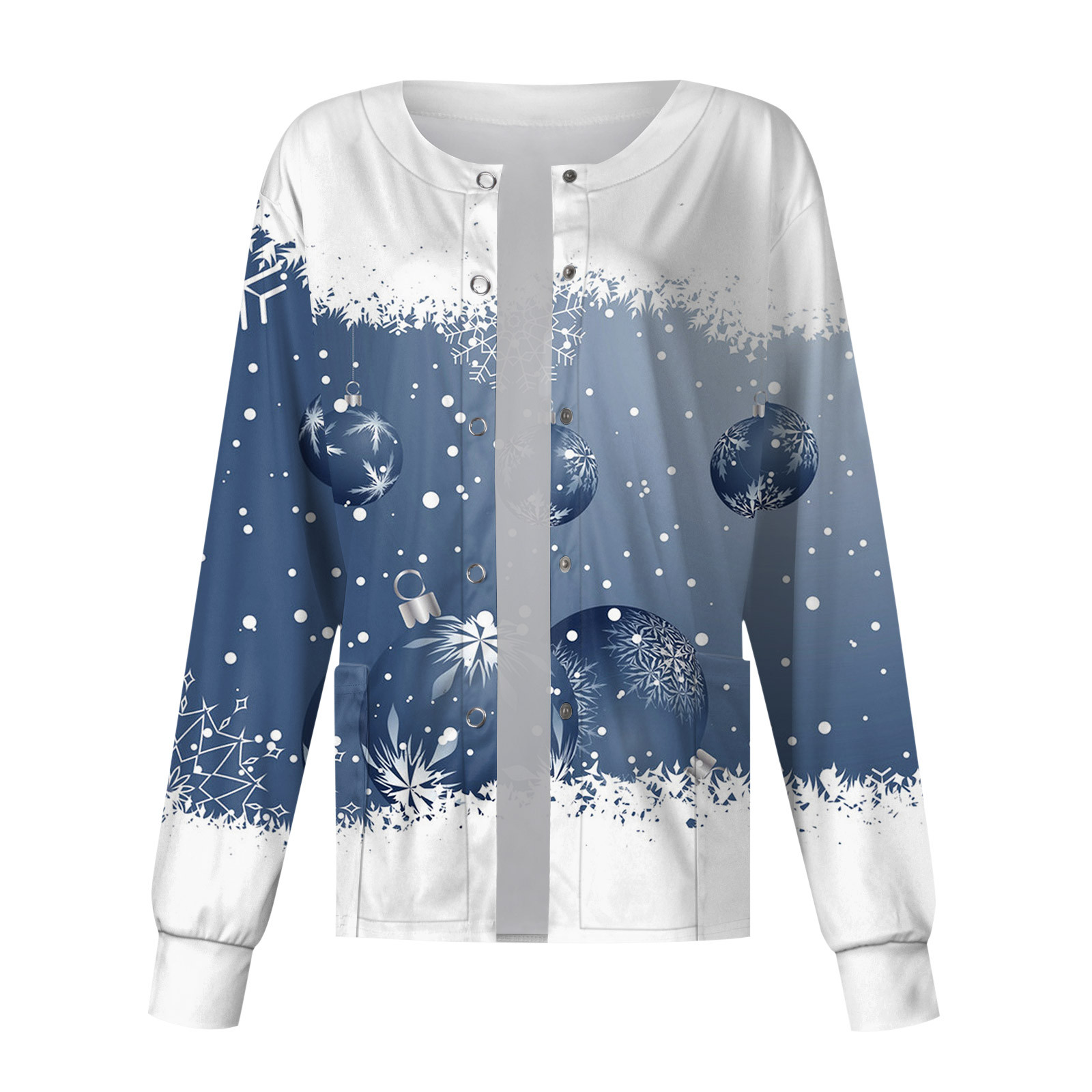 Biziza Women'S Scrubs Shirt Christmas Xmas Snowflake Button Down Long