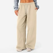 Biziza Women Sweatpants Causal Fleece Lined Pants Women High-Waisted Comfy Wide-Leg Pants Women Baggy Sweat Pants Drawstring with Pockets Khaki XL