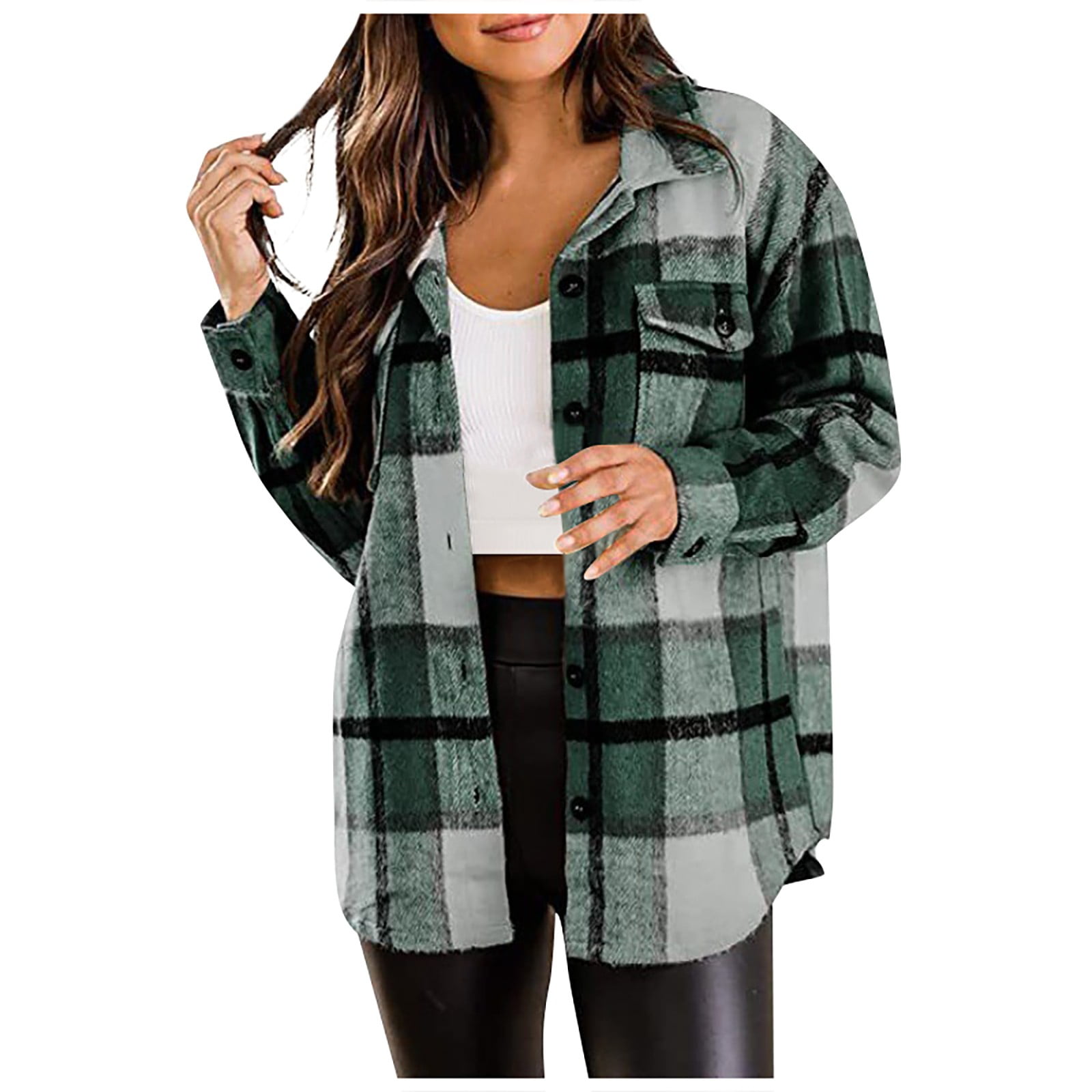 Biziza Women's 2024 Casual Plaid Shacket Long Sleeve Button Down Lapel ...