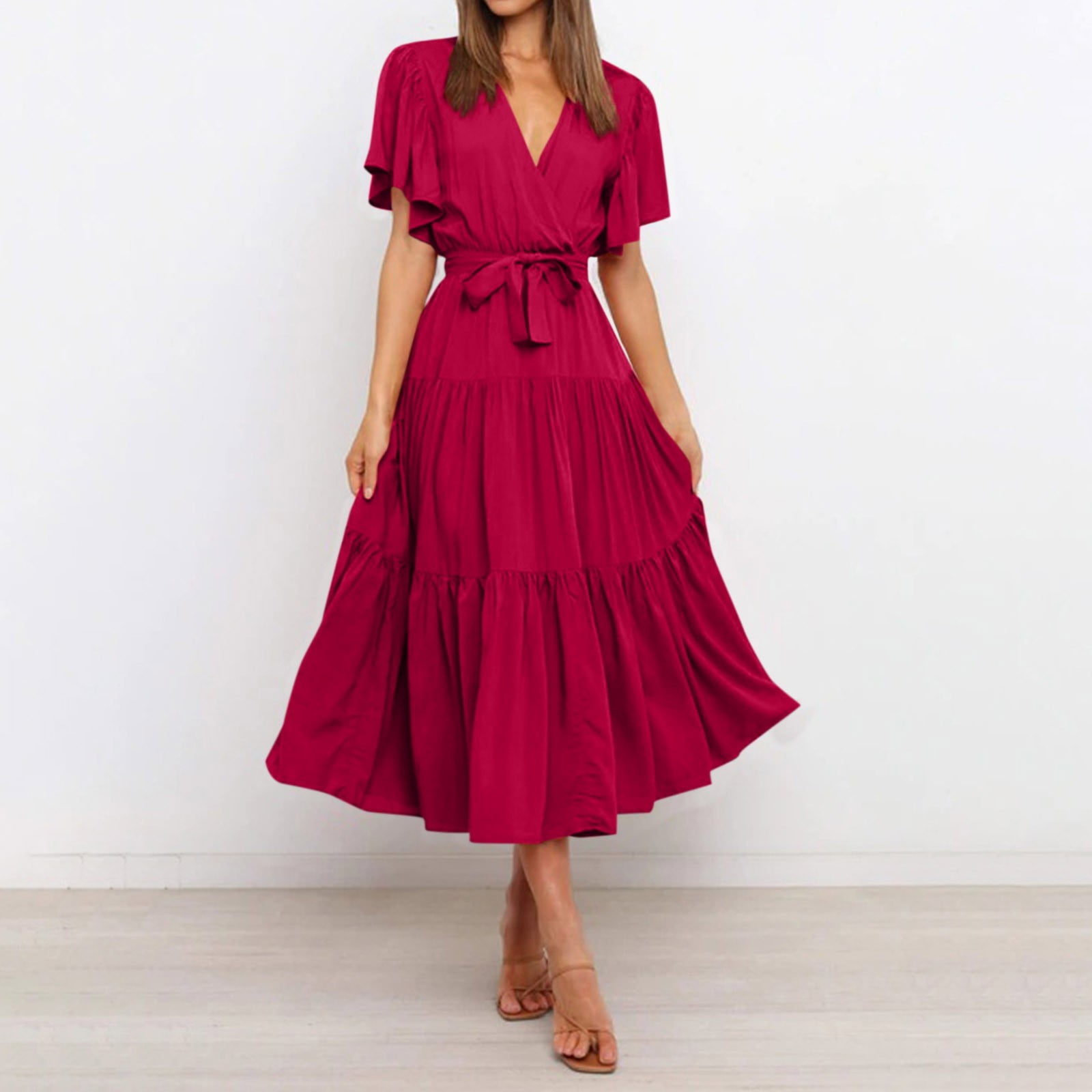 XIUH Womens Floral Print Ruffle Flowy Knee Length Dress V XIUH Womens Floral Print Ruffle Flowy Knee Length Dress V