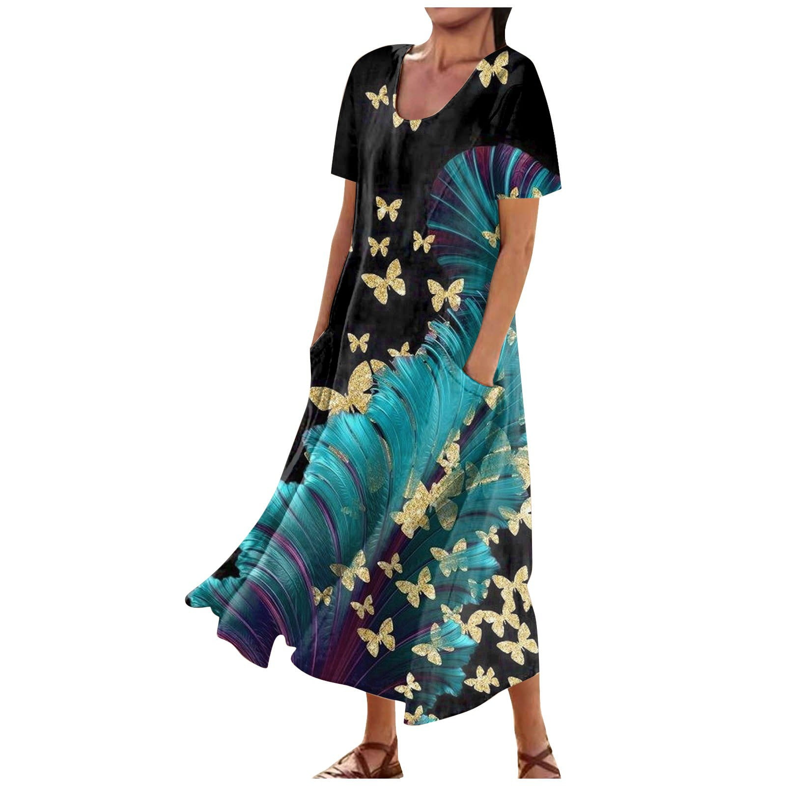 Biziza Women's Casual Round Neck Short Sleeve Stars Print Maxi Dress ...