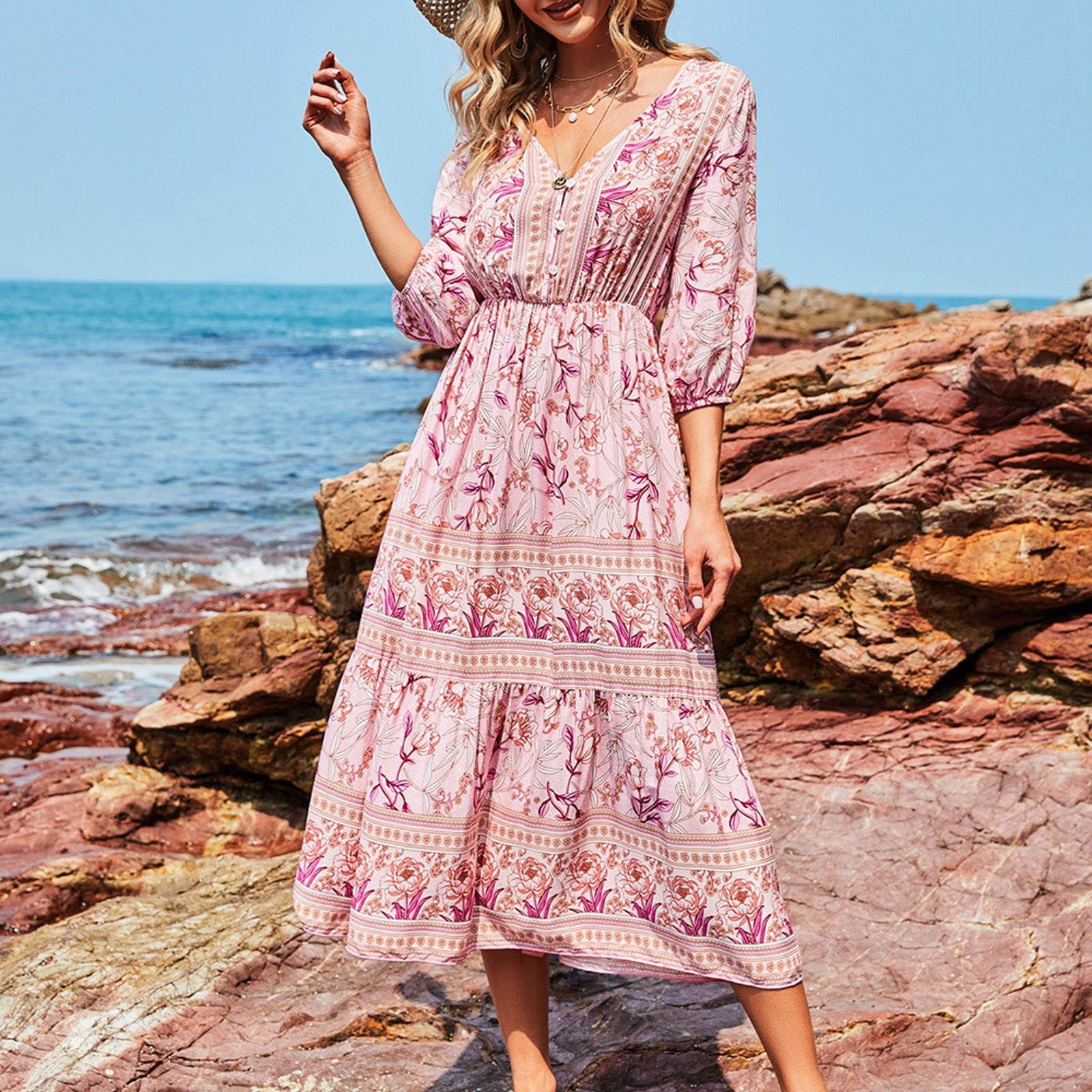 Biziza Women's Floral Print V-Neck Loose Waist Maxi Dress Womens Spring ...