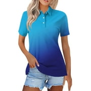Biziza Women's Golf Polo T Shirts Lightweight Moisture Wicking Short Sleeve Gradient Shirt 3-Button Blue 2XL