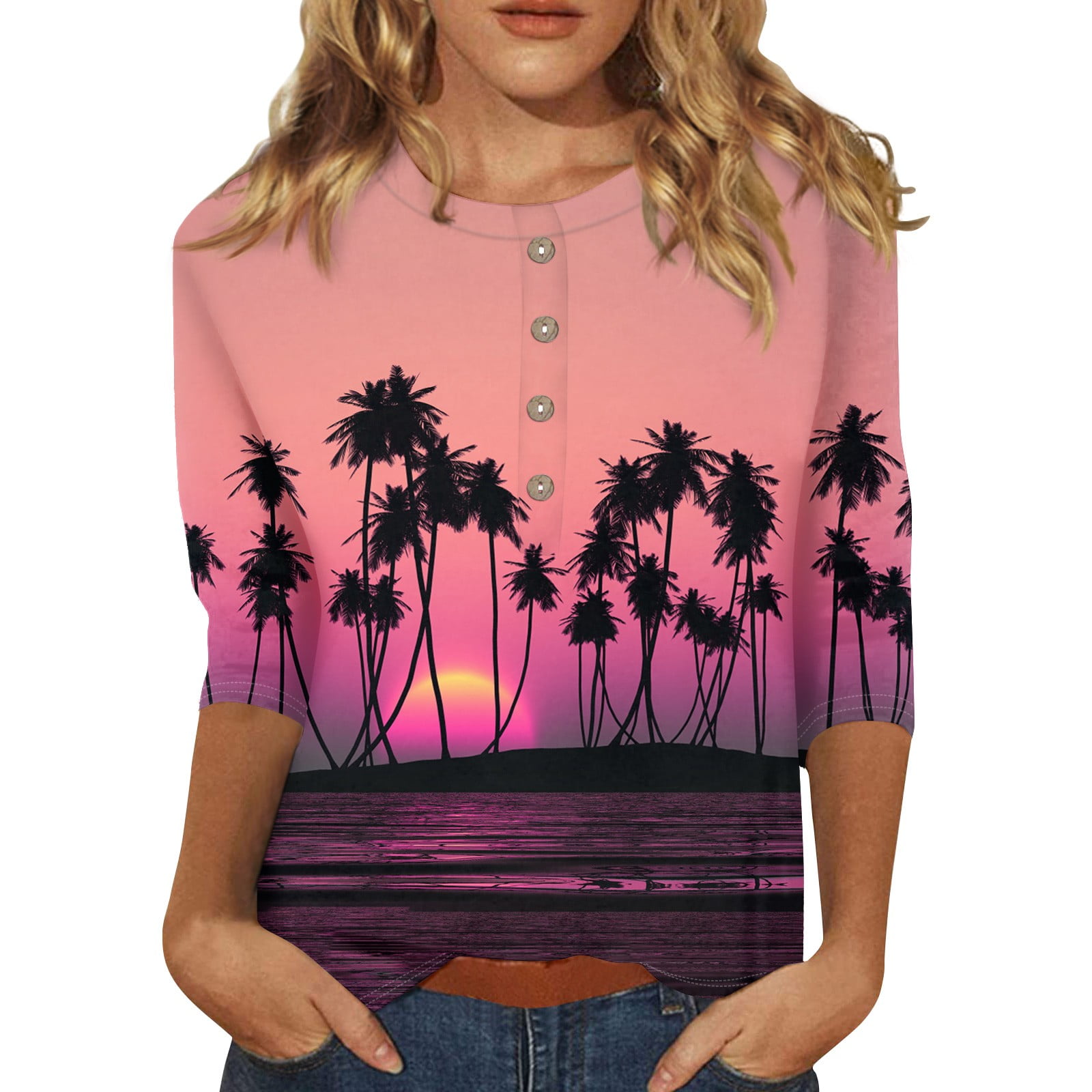 Biziza Women's Hawaii Print 3/4 Sleeve Beach Tropical Vacation Sunset