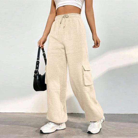Biziza Women's Pants High-Waisted Cargo Jogger Pants Cinch Bottom Womens Sweatpants Women's Sweat Pants Elastic Waist Drawstring with Pockets Beige XL