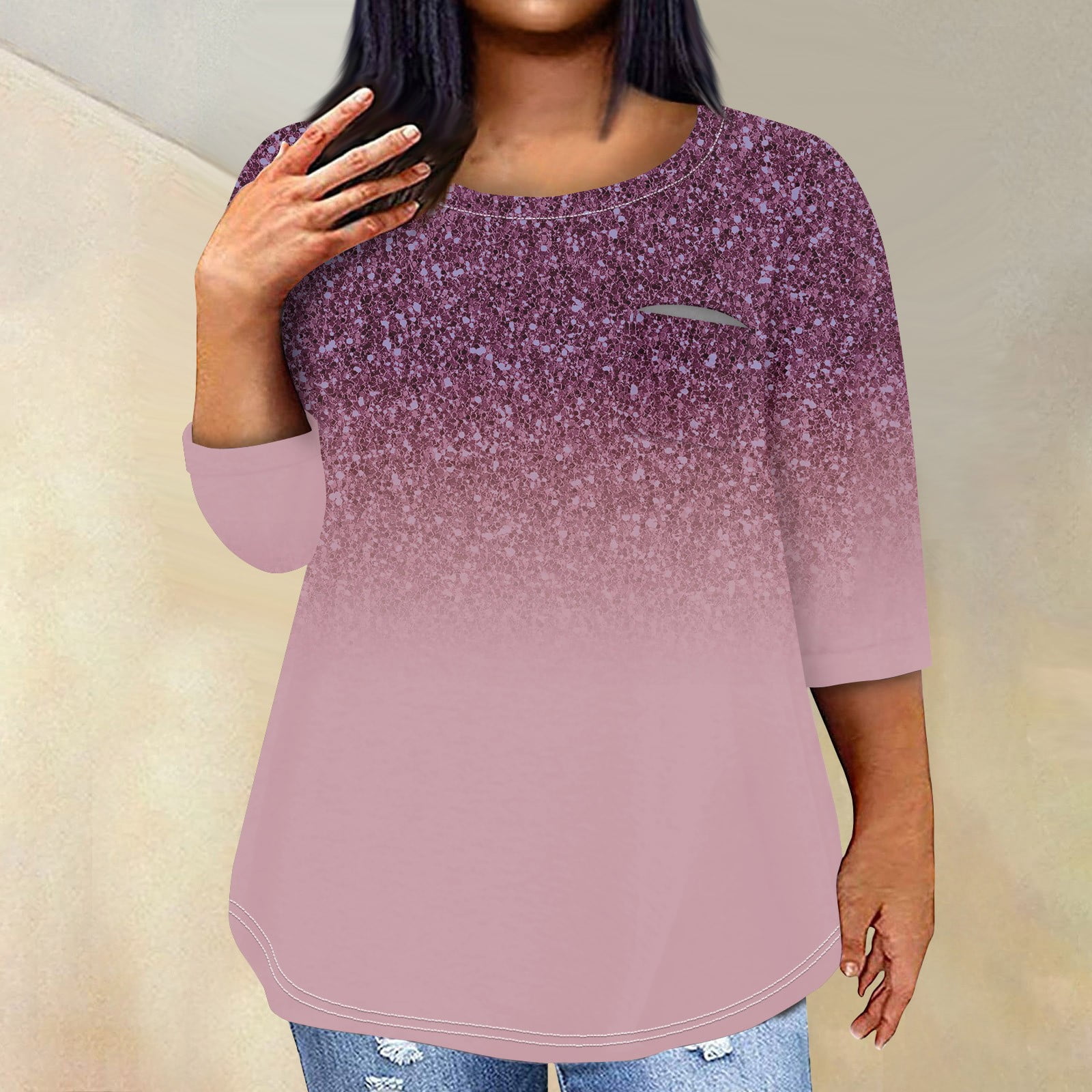 Biziza Women's Plus Size Casual Round Neck Blouse with Sequin Print and ...