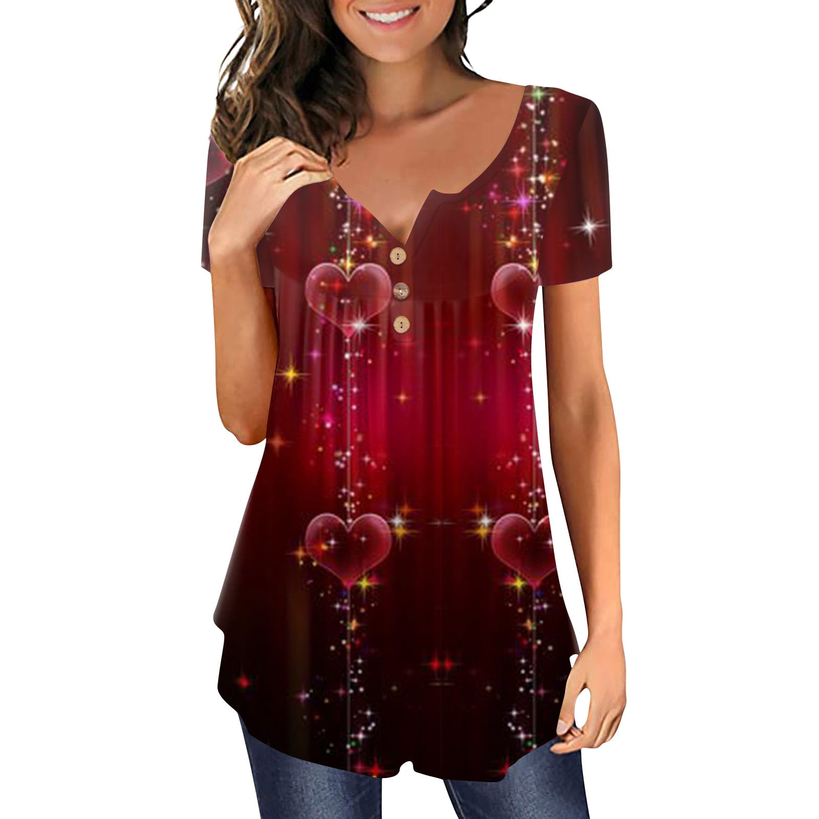 Biziza Women's Plus Size Tunic Tops Short Sleeve Flowy Tunics for Leggings Hot Pink 4XL