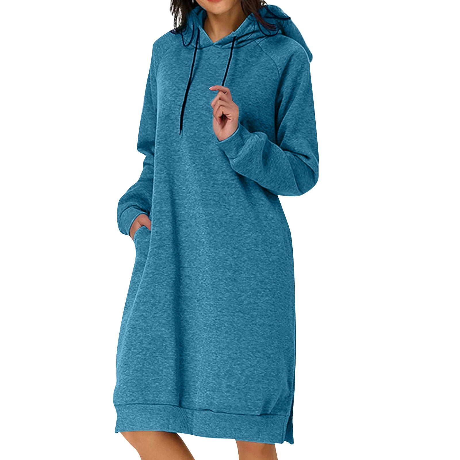 Biziza Women's Solid Comfort Plus Size Hoodie Dress with Pockets Long ...